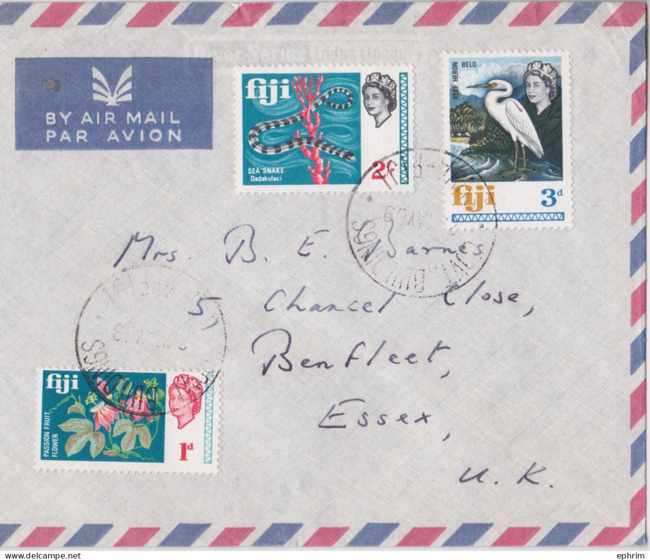 Fidji Fiji Lettre Timbre Fleurs Serpent De Mer Héron Sea Snake Flowers Stamp Air Mail Cover 1969 - Fidji (...-1970)
