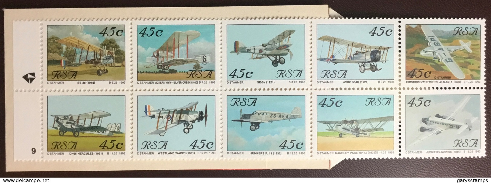 South Africa 1993 Aviation Booklet Pane 9 Booklet Unused - Carnets