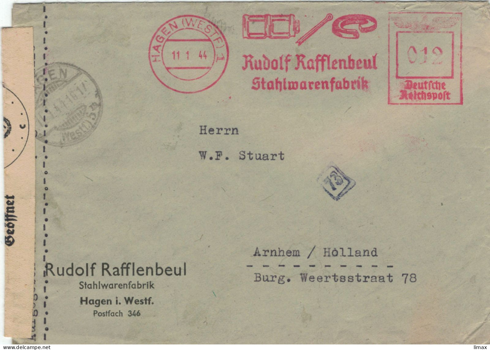 Francotyp F - Rudolf Rafflenbeul Stahlwarenfabrik Hagen Westfalen 11.1.1944 > Stuart Arnhem - Zensur OKW - Macchine Per Obliterare (EMA)
