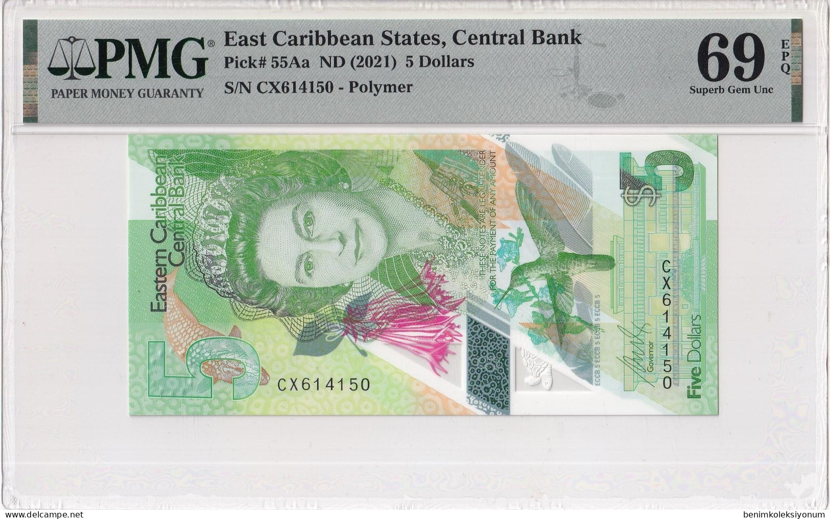 East Caribbean States, 5 Dollars (2021) Polymer P#355d PMG 69EPQ - East Carribeans