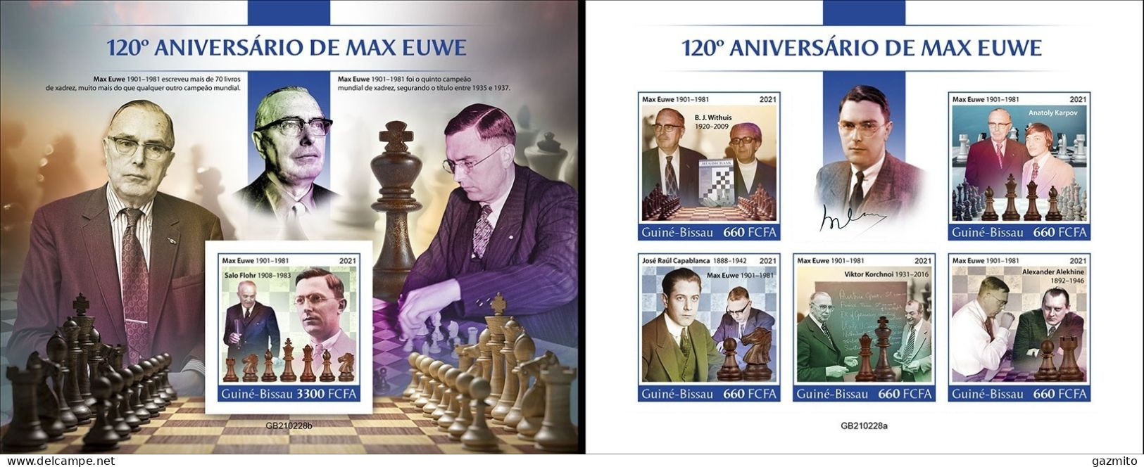 Guinea Bissau 2021, Chess, Max Euwe, 5val In BF +BF IMPERFORATED - Echecs