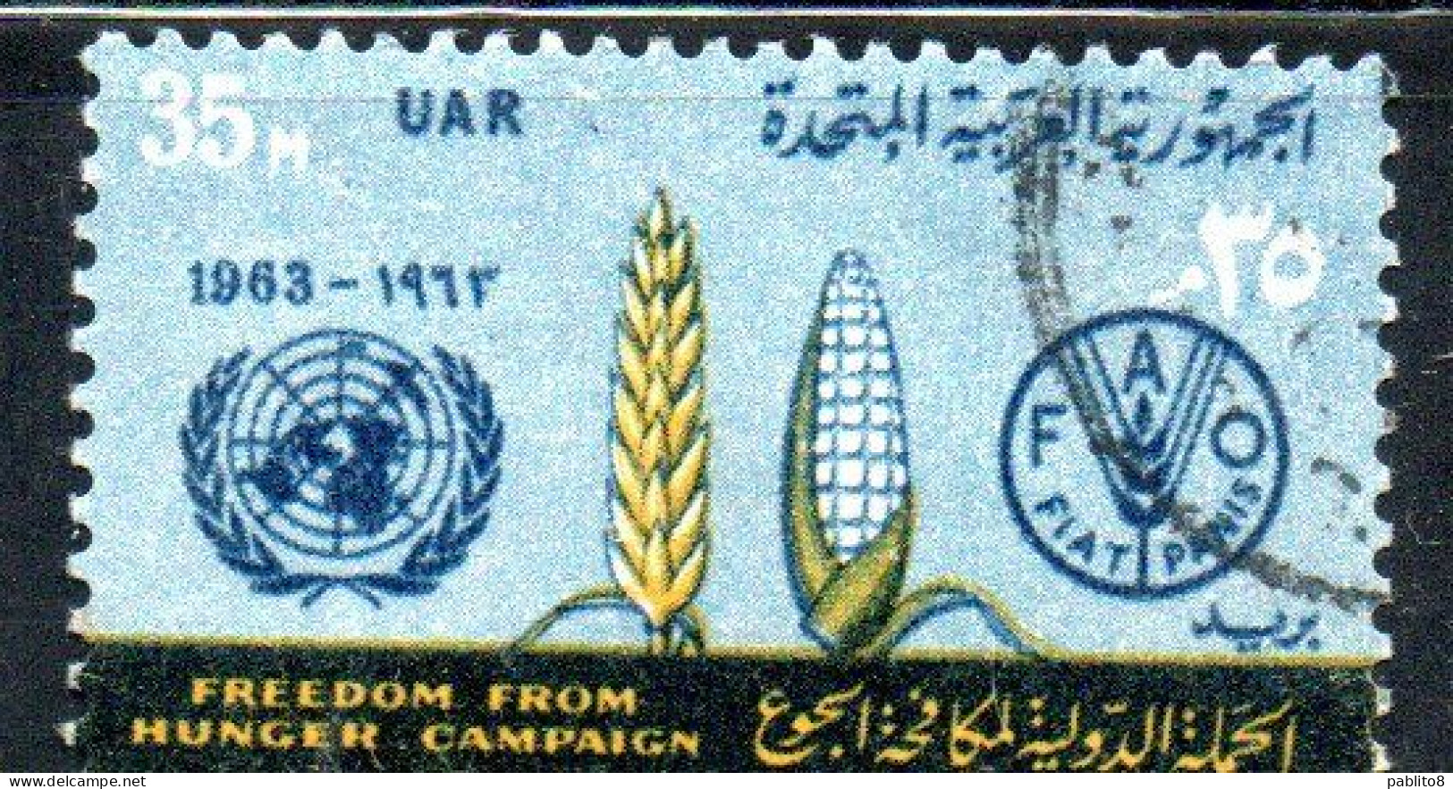 UAR EGYPT EGITTO 1963 FAO FREEDOM FROM HUNGER CAMPAIGN WHEAT CORN AND EMBLEMS 35m USED USATO OBLITERE' - Usados