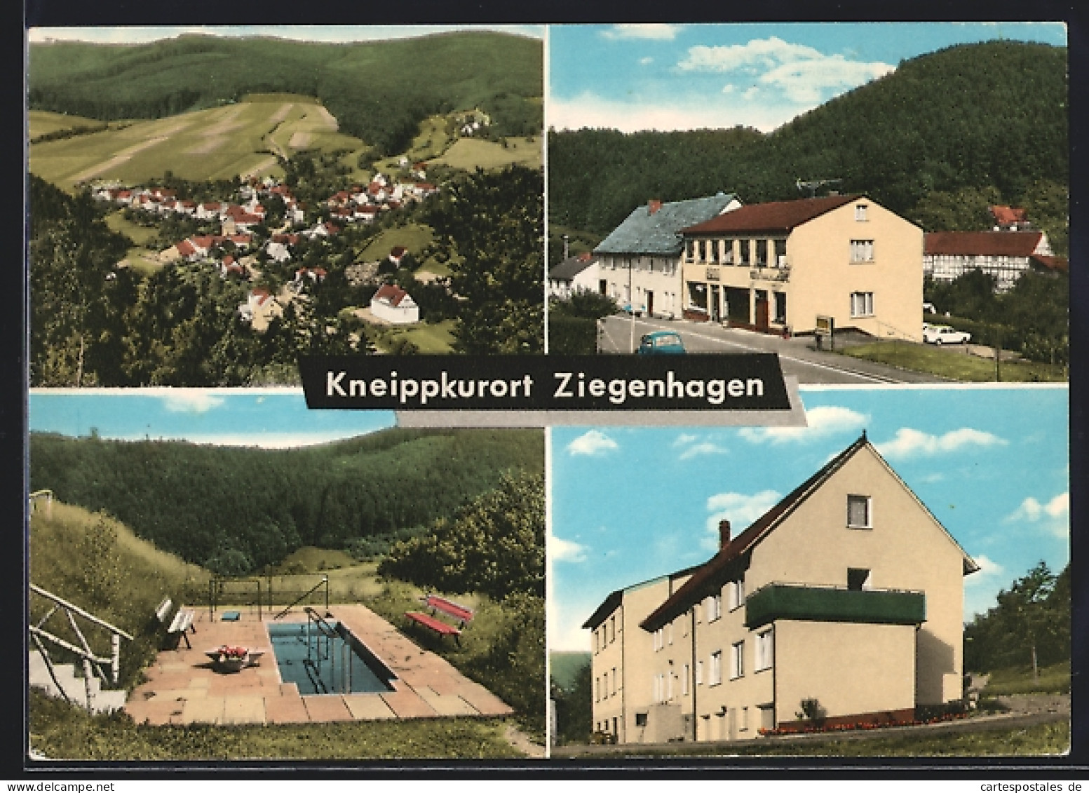 AK Ziegenhagen / Witzenhausen, Pension-Café Burgblick, Pool, Ortspanorama  - Witzenhausen