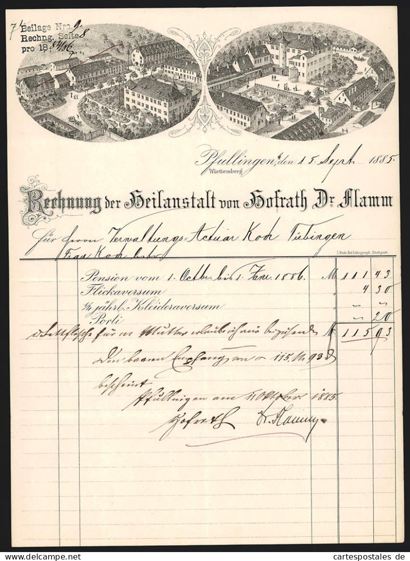 Rechnung Pfullingen 1885, Heilanstalt Von Hofrath Dr. Flamm, Das Anstaltsgelände Aus Der Vogelschau  - Sonstige & Ohne Zuordnung