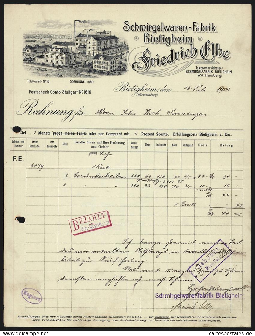 Rechnung Bietigheim 1912, Friedrich Elbe, Schmirgelwaren-Fabrik, Einfahrt Auf Das Betriebsgelände  - Sonstige & Ohne Zuordnung