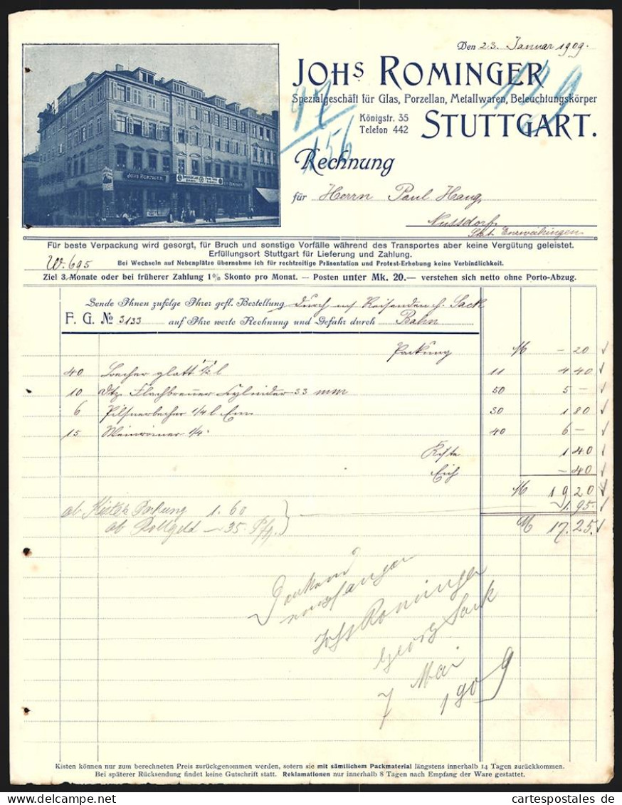 Rechnung Stuttgart 1909, Joh. Rominger, Glas-, Porzellan & Metallwaren-Geschäft, Passanten Vor Dem Laden  - Sonstige & Ohne Zuordnung