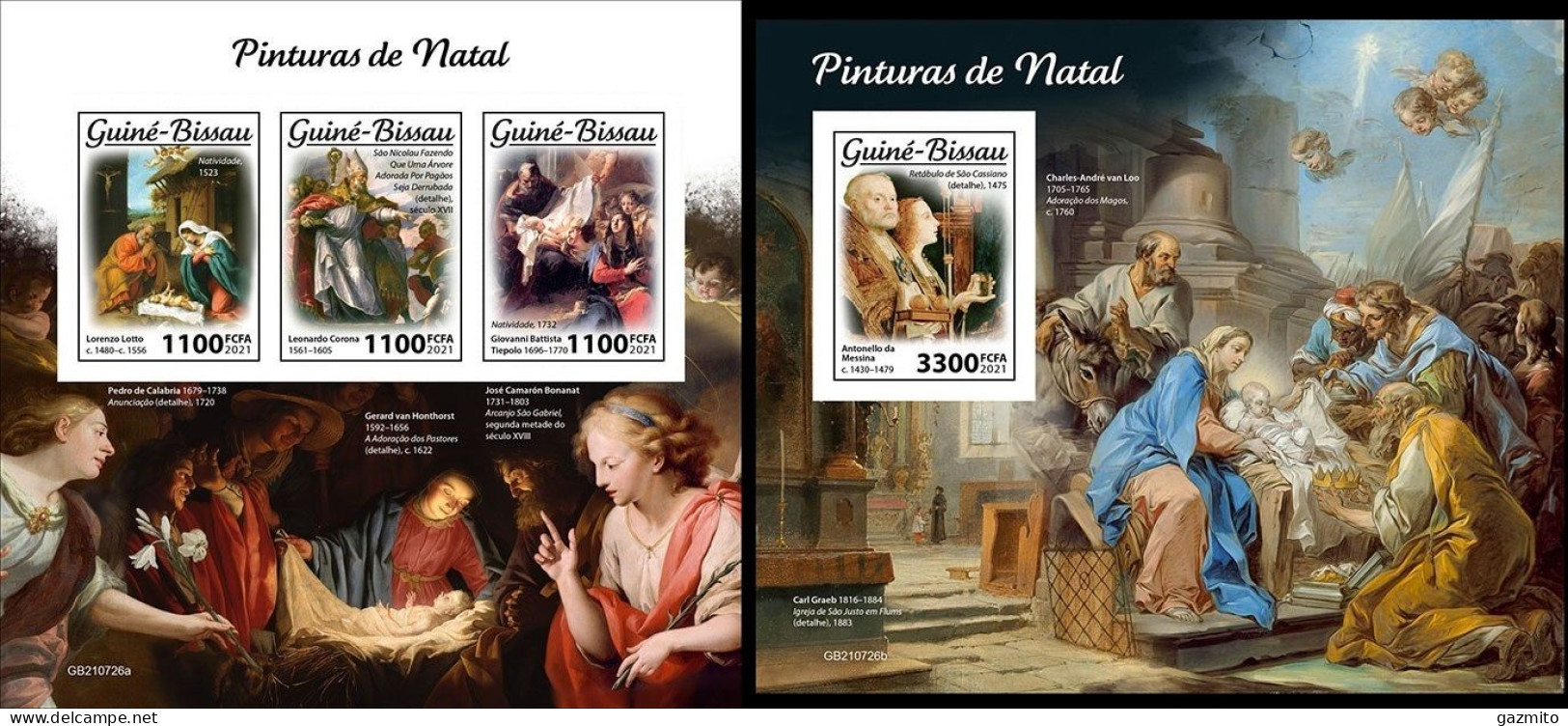 Guinea Bissau 2021, Christmas Paintings, Lotto, Corona, Battista, Messina, 3val In BF+BF IMPERFORATED - Modern