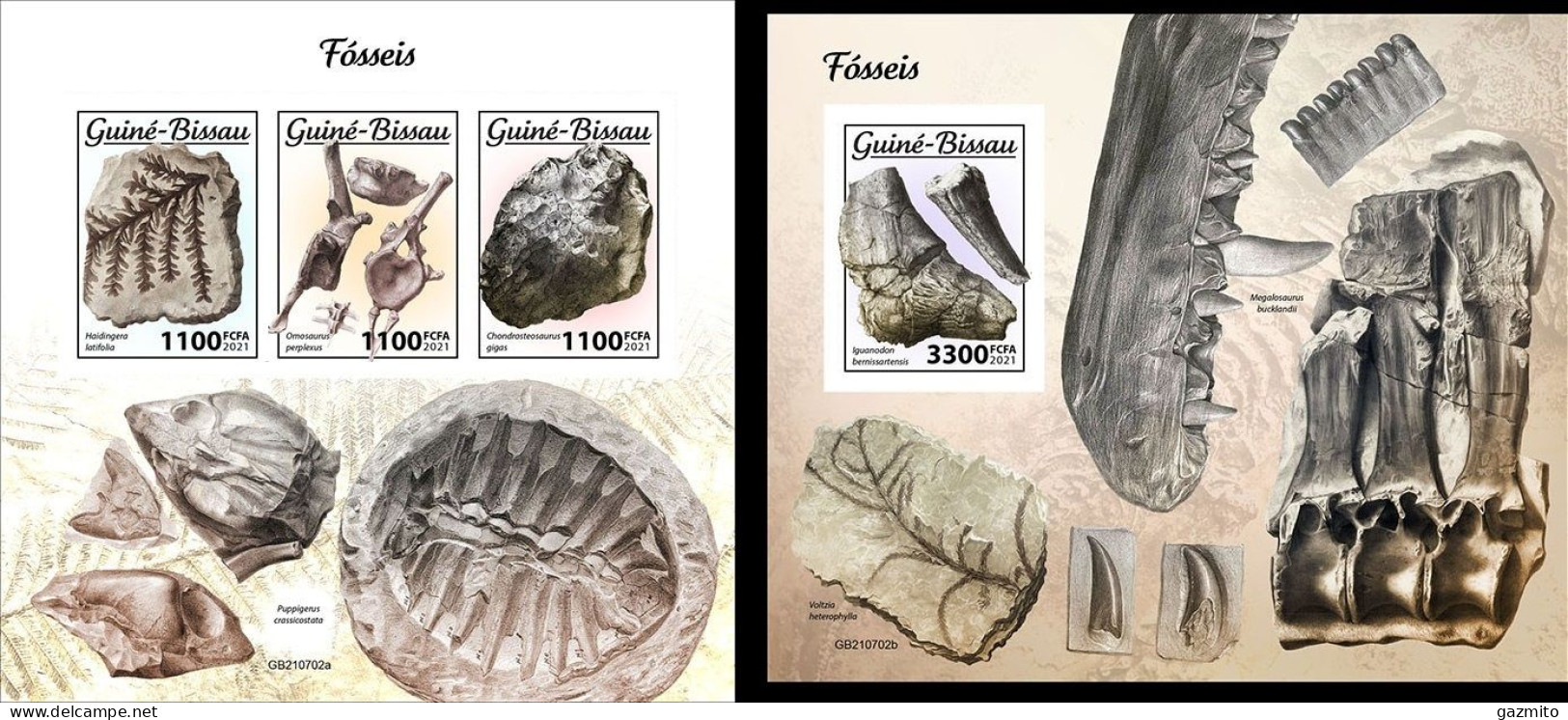 Guinea Bissau 2021, Fossils, 3val In BF+BF IMPERFORATED - Fossili