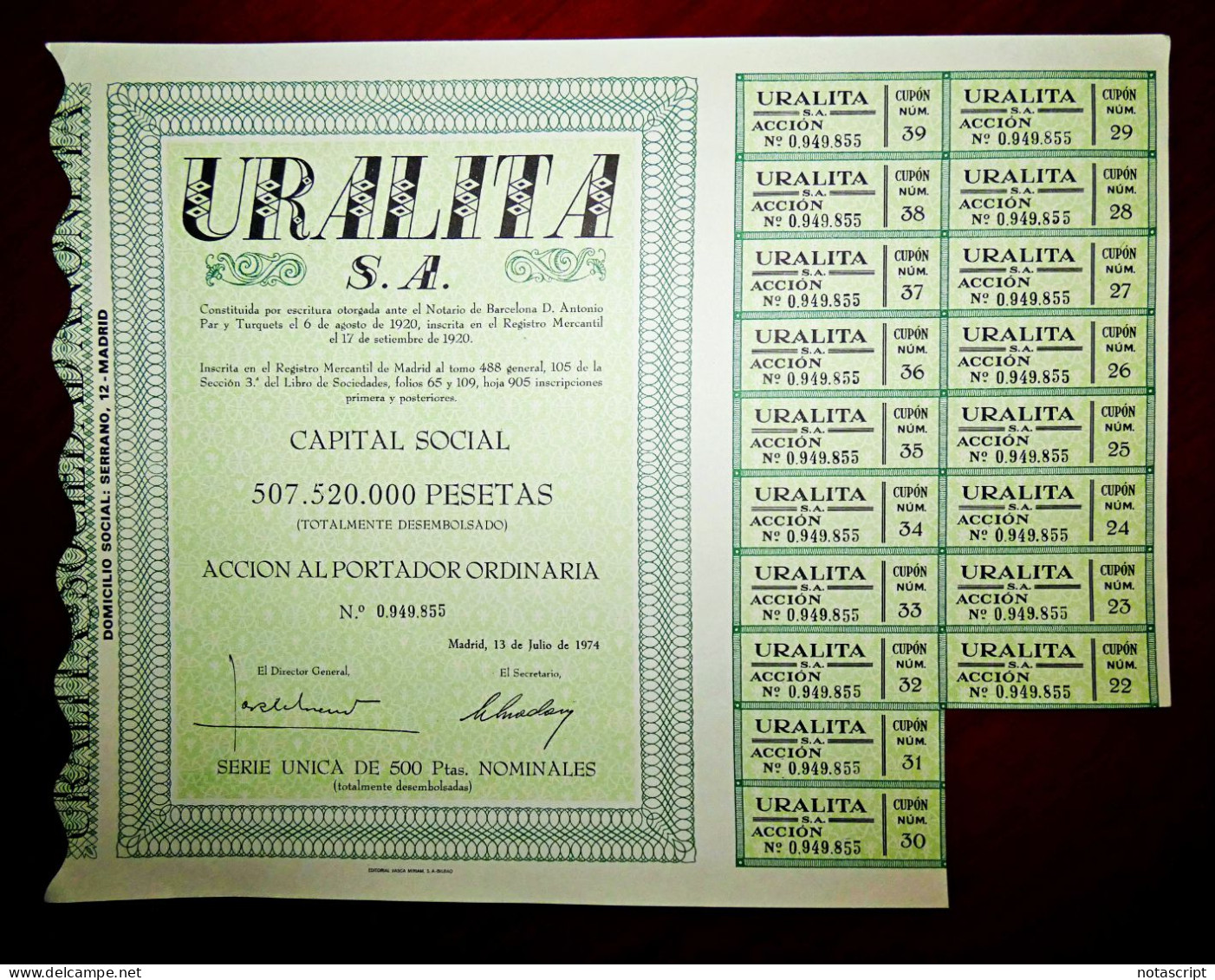 Uralita Sa, Madrid 1974 Spain , Share Certificate - Industrie