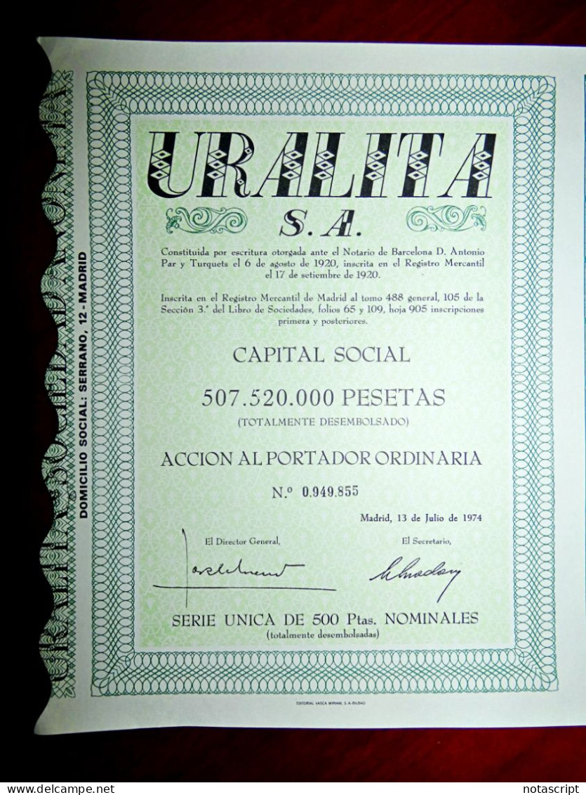 Uralita Sa, Madrid 1974 Spain , Share Certificate - Industry