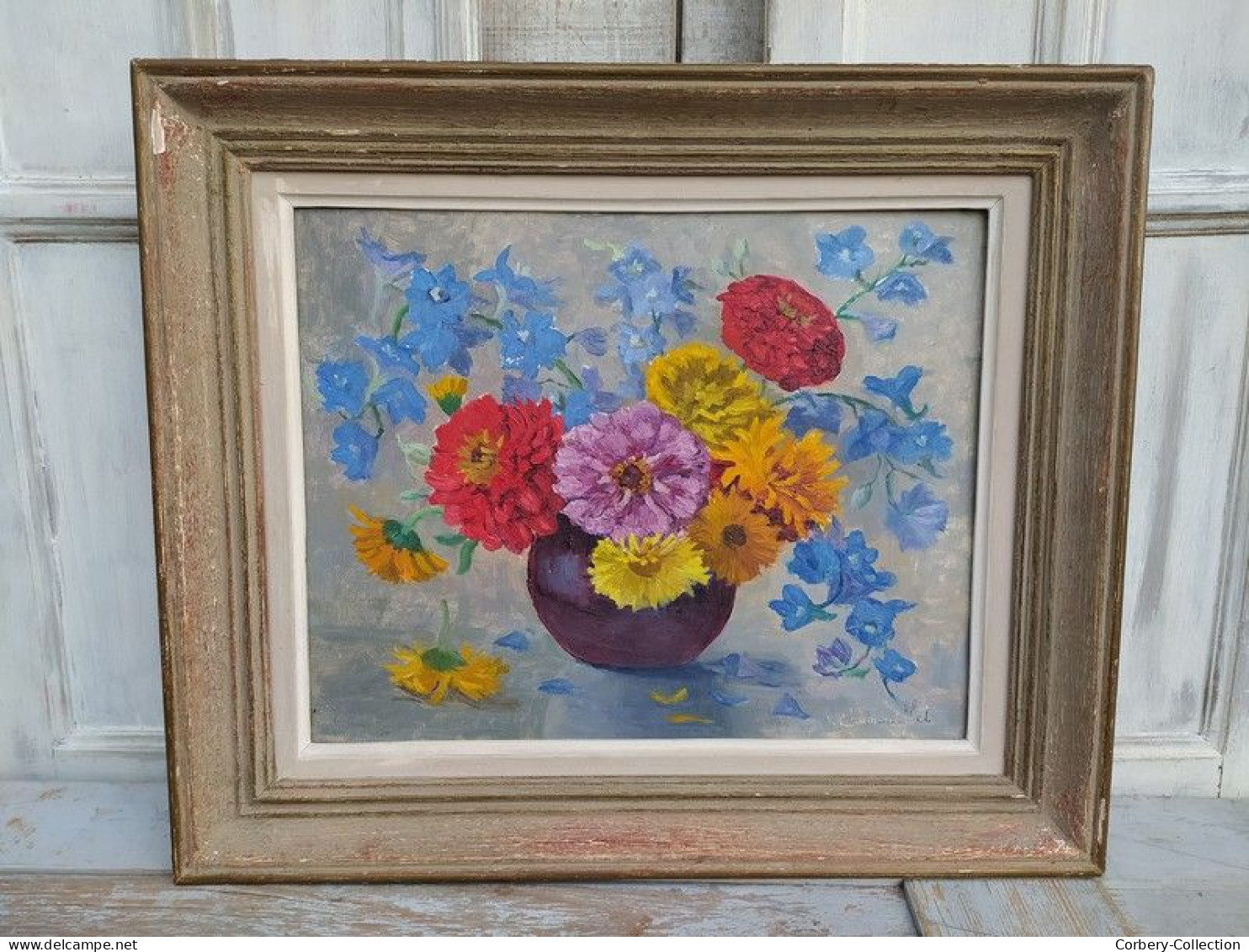 Ancien Tableau Bouquet De Fleurs Signé Simone Chamouillet Artiste Peintre Touraine - Olieverf