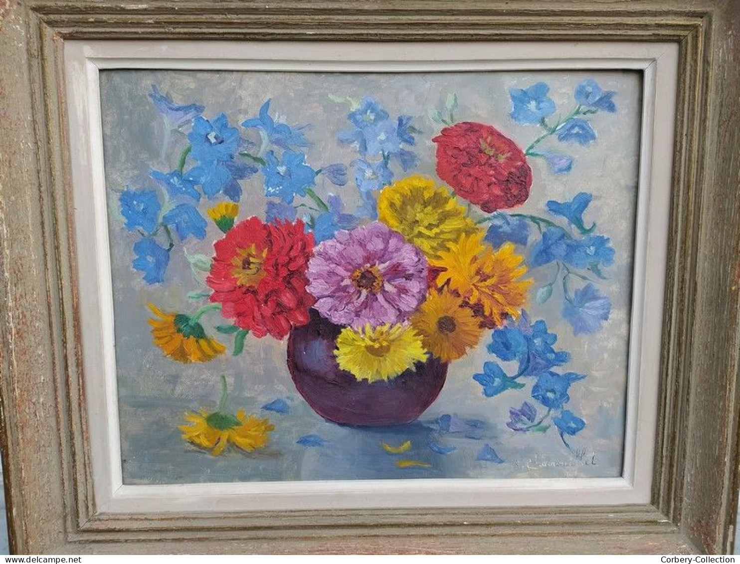 Ancien Tableau Bouquet De Fleurs Signé Simone Chamouillet Artiste Peintre Touraine - Huiles