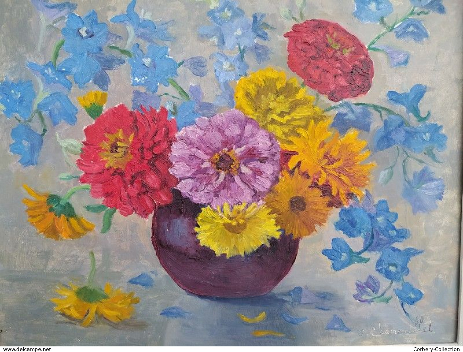 Ancien Tableau Bouquet De Fleurs Signé Simone Chamouillet Artiste Peintre Touraine - Olii