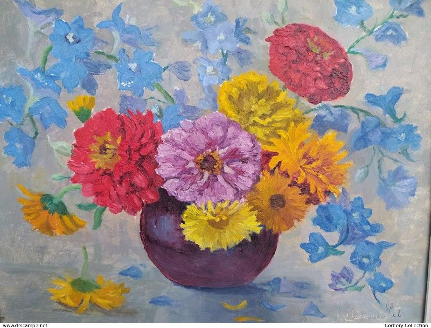 Ancien Tableau Bouquet De Fleurs Signé Simone Chamouillet Artiste Peintre Touraine - Oleo