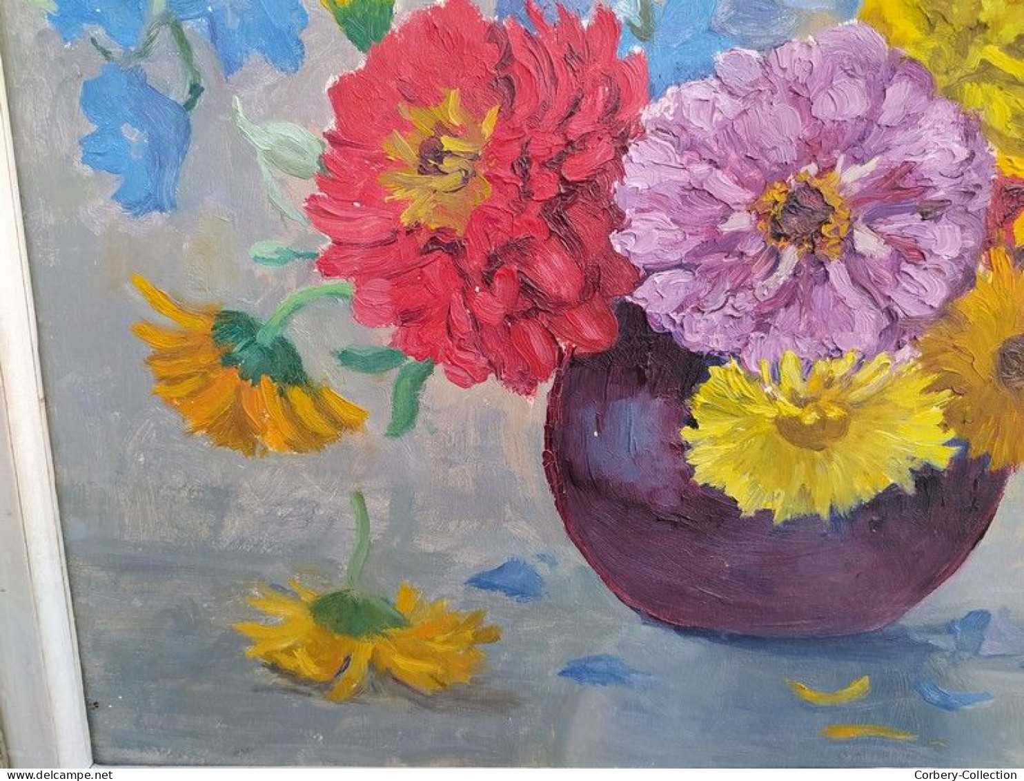 Ancien Tableau Bouquet de Fleurs Signé Simone Chamouillet Artiste Peintre Touraine