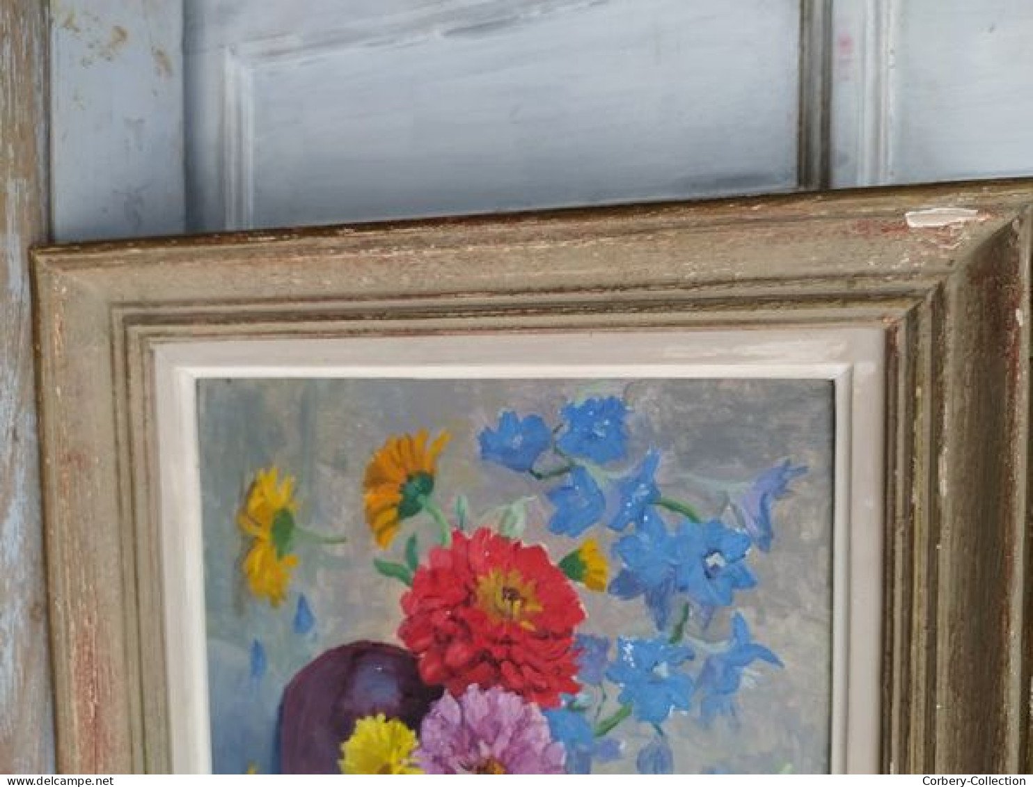 Ancien Tableau Bouquet de Fleurs Signé Simone Chamouillet Artiste Peintre Touraine