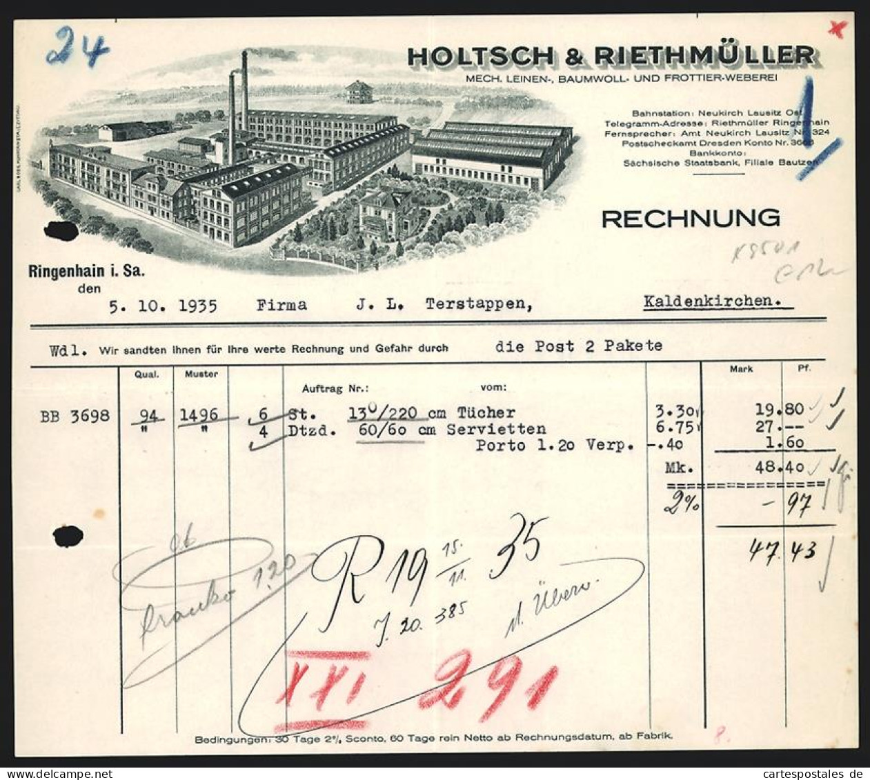 Rechnung Ringenhain I. Sa. 1935, Holtsch & Riethmüller, Textil-Fabrikation, Fabrikgelände Mit Leerem Lagerplatz  - Sonstige & Ohne Zuordnung