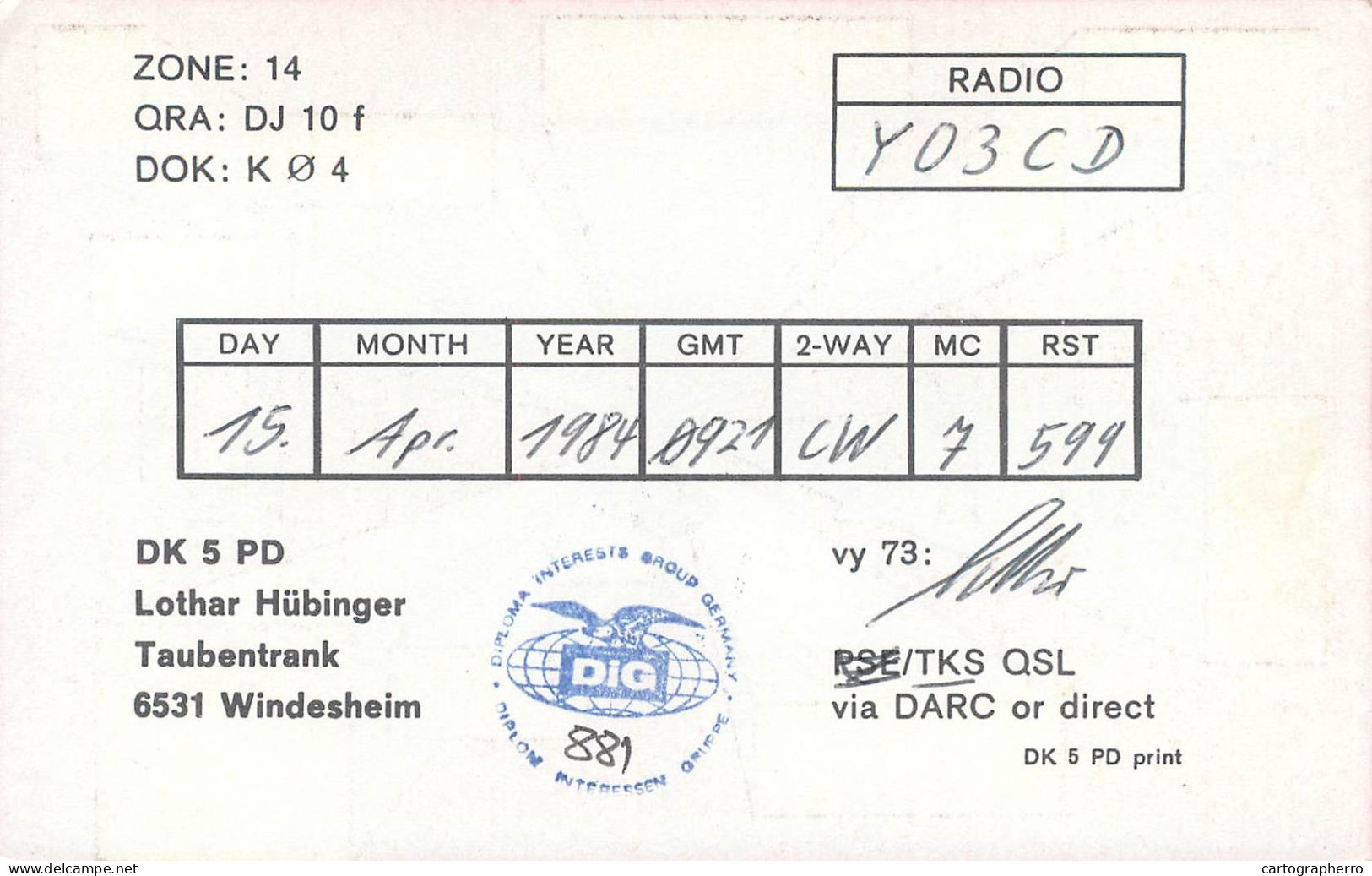 QSL Card West Germany RFG Bundesrepublik Deutschland Radio Amateur Station DK5PD - Amateurfunk