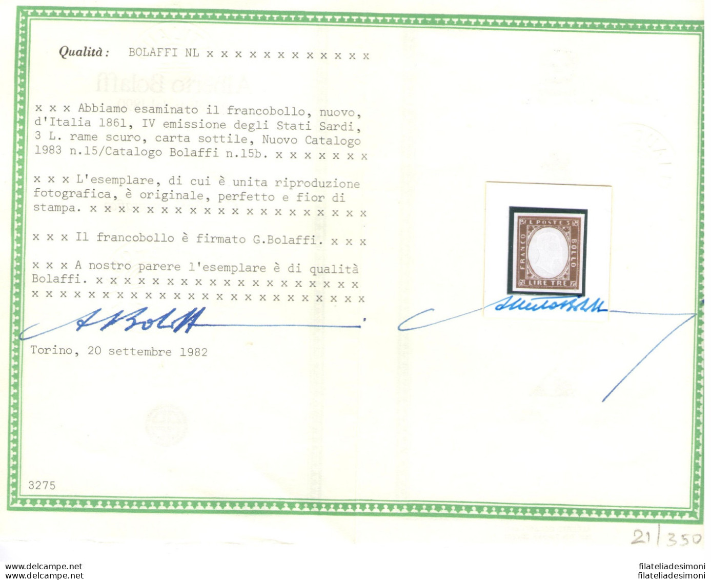 1855-63 SARDEGNA, N. 13E/18A 6 Valori MNH**  Certificato Bolaffi - Sardegna
