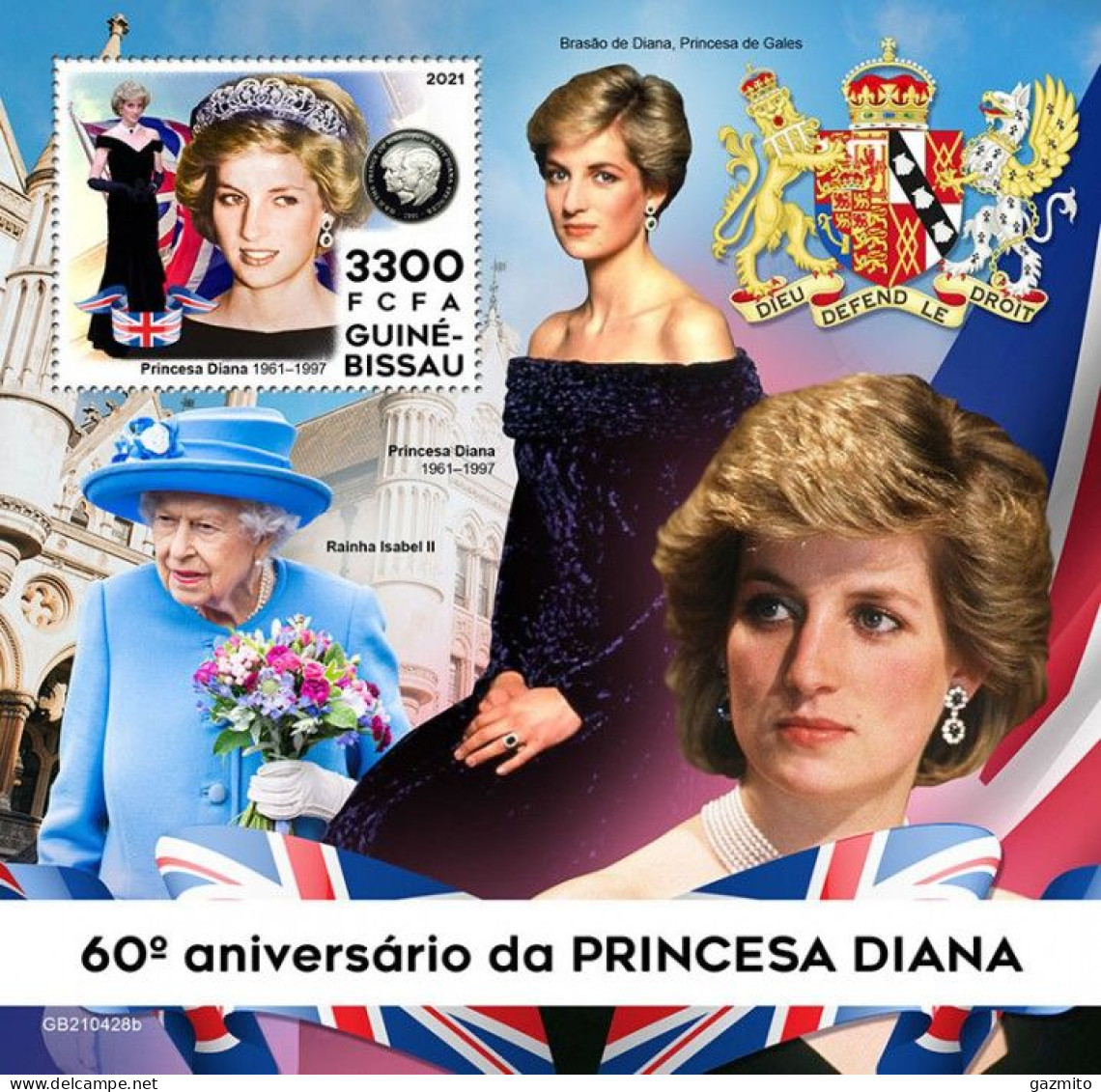 Guinea Bissau 2021, Diana, Queen Elisabeth, Coat Of Arm, BF - Briefmarken