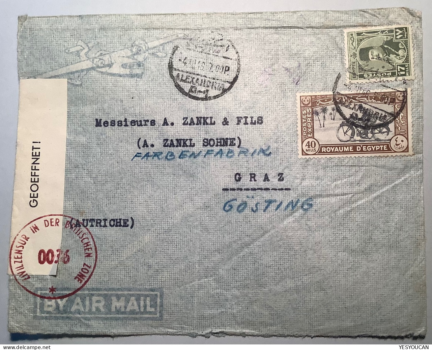 Egypt EXPRESS LETTER STAMP 1943 40m ALEXANDRIA1946 Cover>Graz AUSTRIA/Österreich Censored Air Mail (Zensur Brief Expres - Briefe U. Dokumente