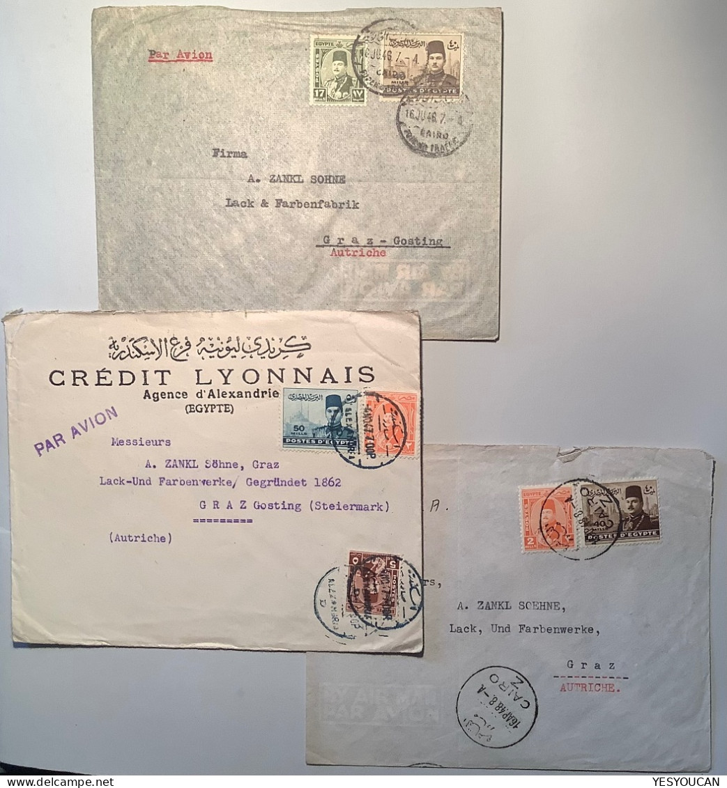 Egypt Three Covers ALEXANDRIA/CAIRO 1946-1948>Graz AUSTRIA/Österreich (air Mail Par Avion Brief Cover Lettre - Cartas & Documentos