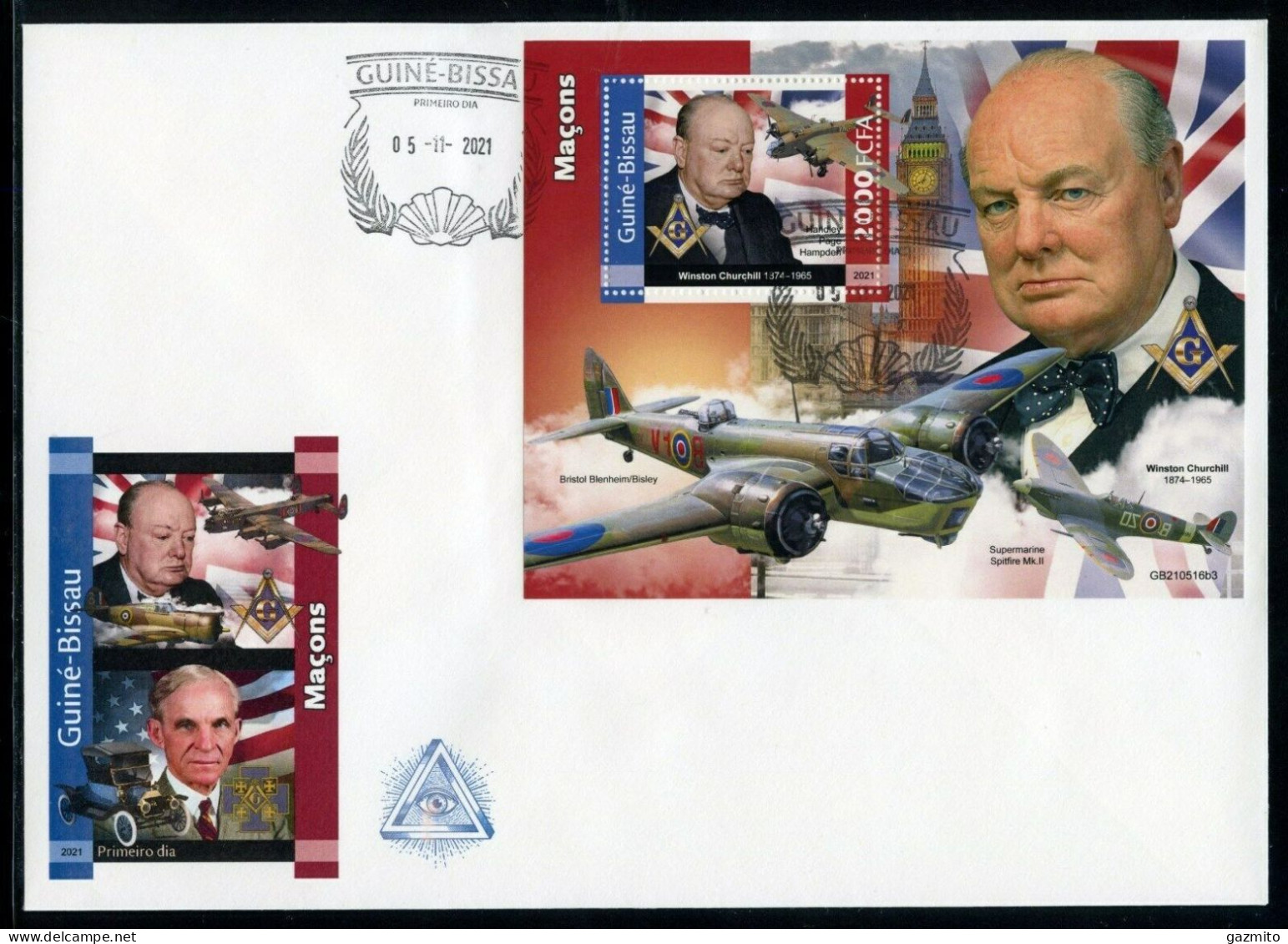 Guinea Bissau 2021, Massonery, Churchill, Planes, Flag, BF In FDC - Buste