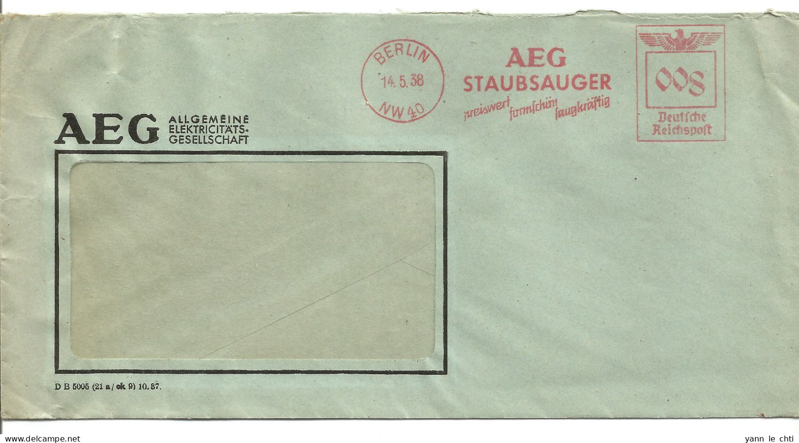 Brief  Berlin 1938 Freistempel AEG Allgeimeine Elektricitats Gesellschaft Staubsauger   8 Pfg Verschobene Ziffer  EMA - Macchine Per Obliterare (EMA)