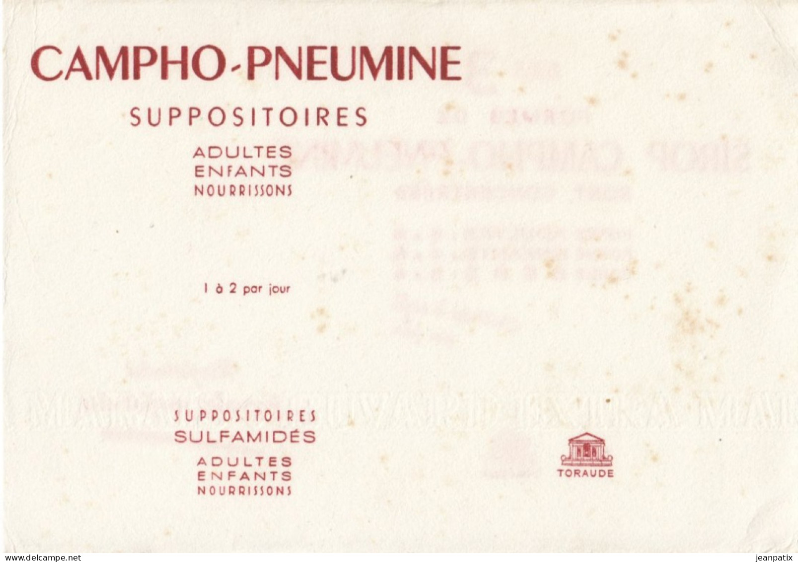 Buvard & Blotting Paper : Pharmacie : Suppositoire CAMPHO PNEUMINE - Laboratoire TORAUDE - Impression Recto Verso - Droguerías