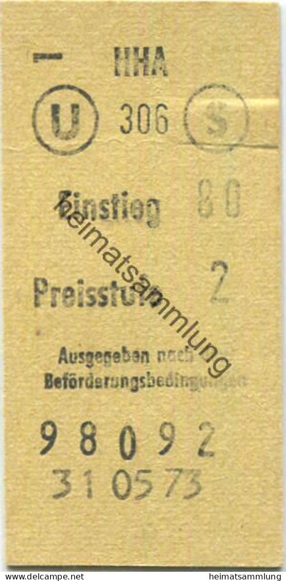 Deutschland - Hamburg - HHA Hamburger Hochbahn AG - Fahrkarte U S Preisstufe 2 1973 - Europa