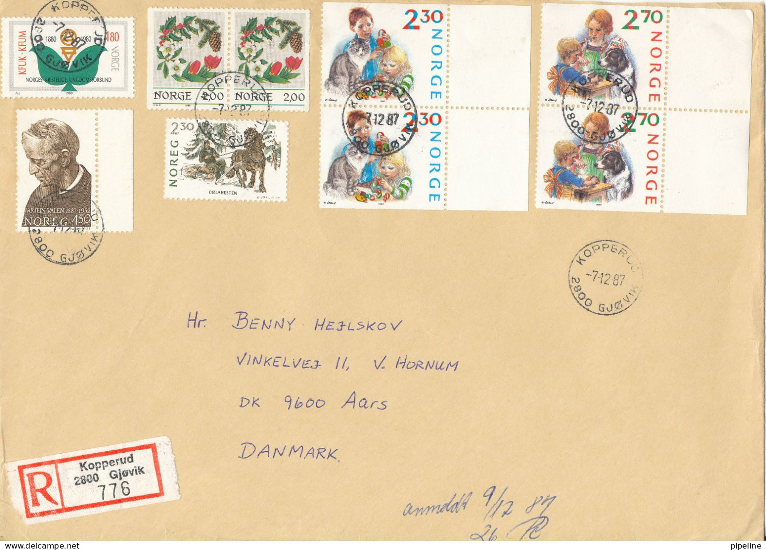 Norway Registered Cover Sent To Denmark Kopperud 7-12-1987 With 3 Pairs And Other Stamps - Cartas & Documentos