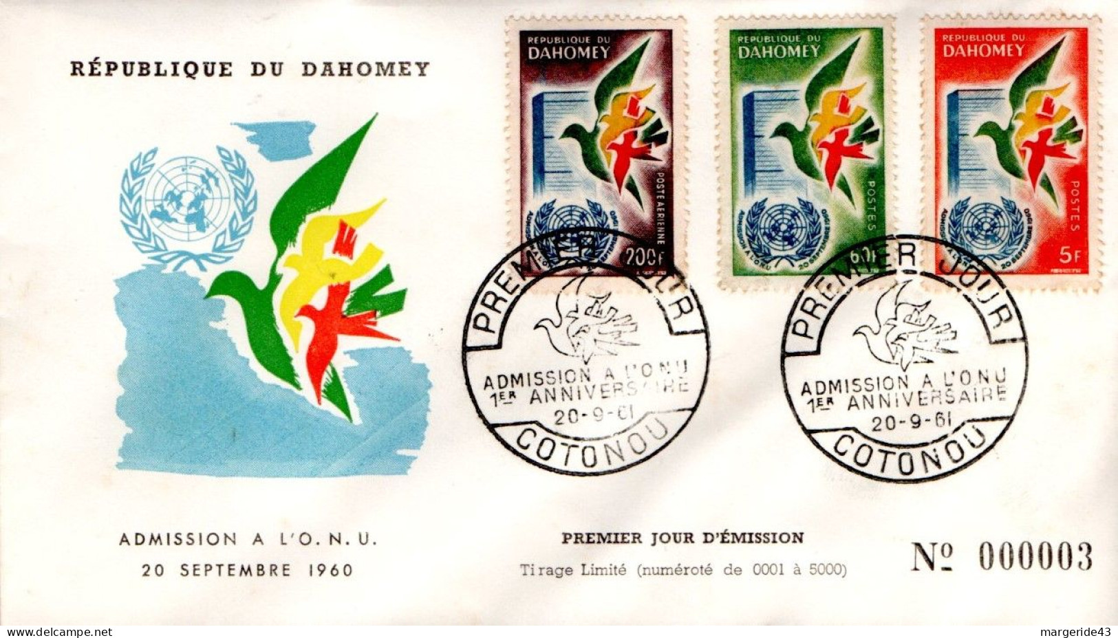 DAHOMEY  FDC 1961 ADMISSION A L'O N U - Benin – Dahomey (1960-...)