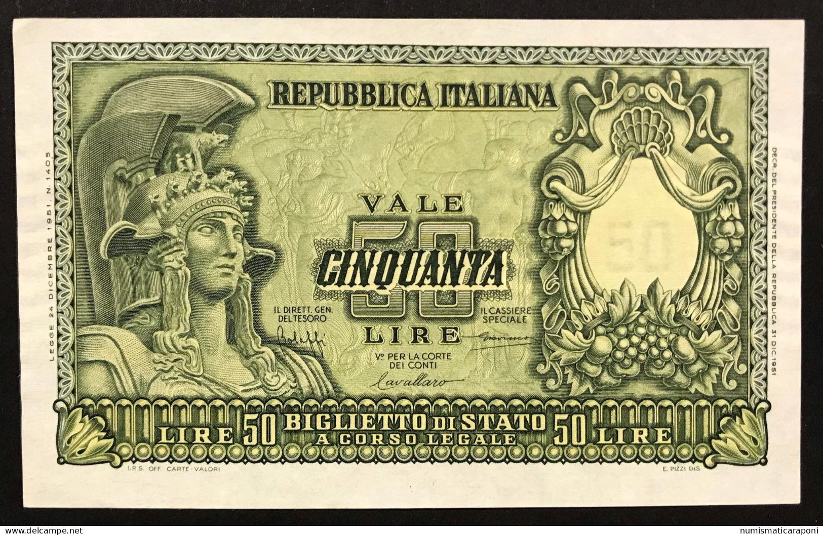 50 Lire Italia Elmata 31 12 1951 Bolaffi Sup/q.fds LOTTO 3432 - 50 Lire