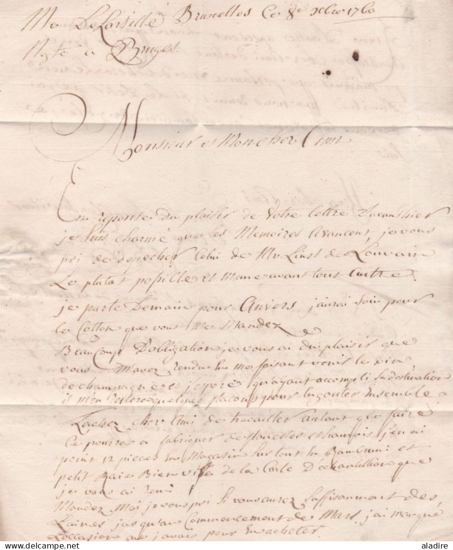 1760 - Marque Postale BRUXELLES Sur Lettre Avec Corresp Amicale De 2 P En Français De Bruxelles Vers Bruges Brugge - 1714-1794 (Pays-Bas Autrichiens)