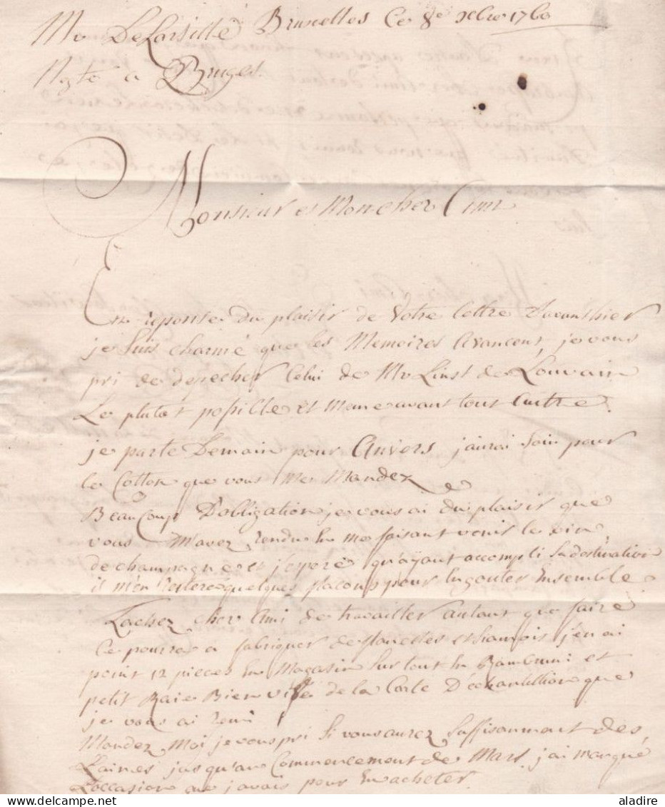 1760 - Marque Postale BRUXELLES Sur Lettre Avec Corresp Amicale De 2 P En Français De Bruxelles Vers Bruges Brugge - 1714-1794 (Paesi Bassi Austriaci)