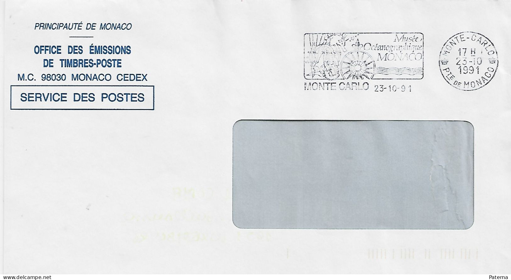 3855  Carta Monte-Carlo, Monaco 1991,  Flamme, Musee Oceanographique. Museo Oceanográfico - Lettres & Documents