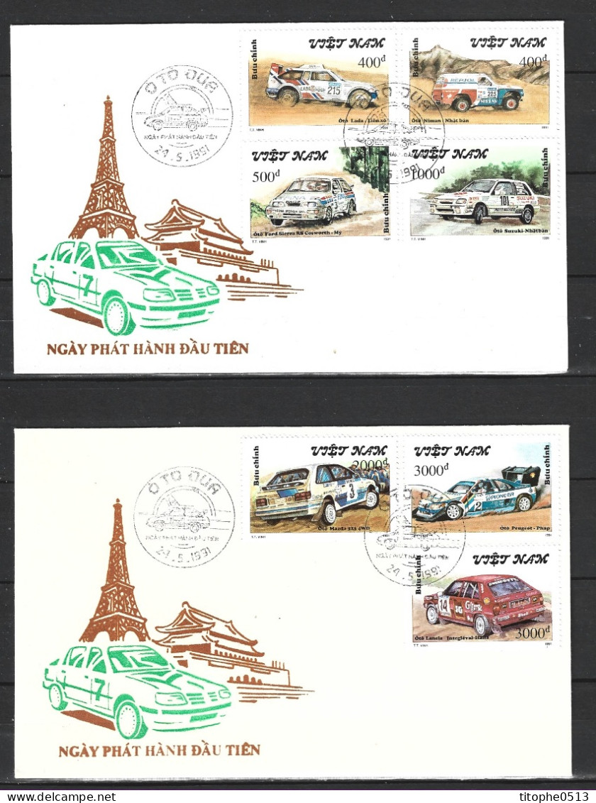 VIETNAM. N°1216-22 De 1991 Sur 2 Enveloppes 1er Jour. Voitures De Rallyes/Peugeot/Tour Eiffel. - Cars
