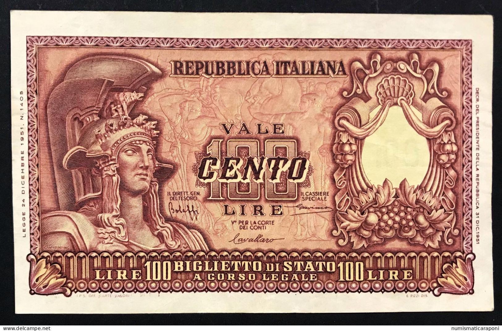 100 Lire Italia Elmata 31 12 1951 Bolaffi Bb/spl Naturale LOTTO 3437 - 100 Liras