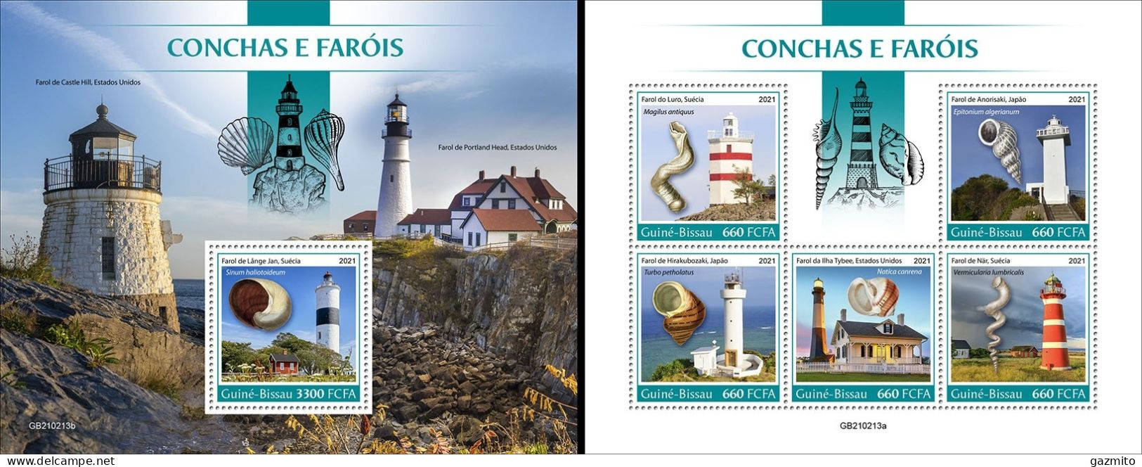 Guinea Bissau 2021, Lighthouses III And Shells, 5val In BF +BF - Coneshells