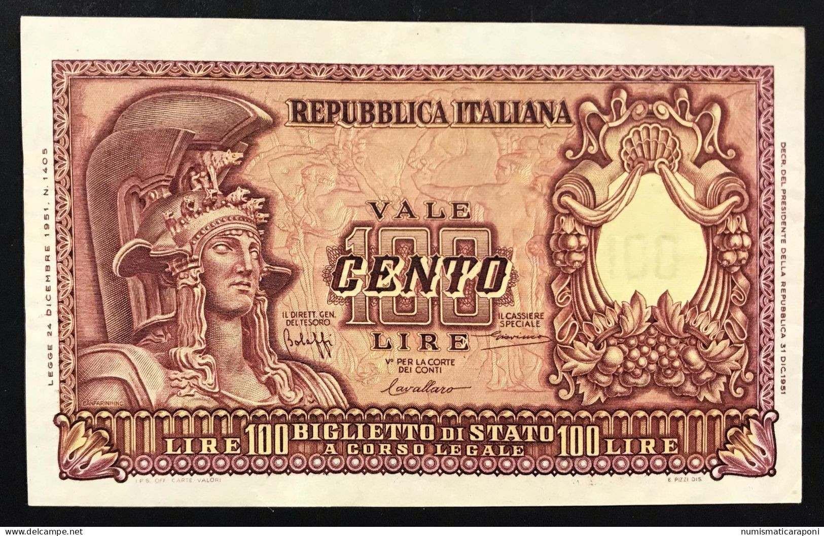 100 Lire Italia Elmata 31 12 1951 Bolaffi Qspl/spl Naturale LOTTO 3453 - 100 Liras