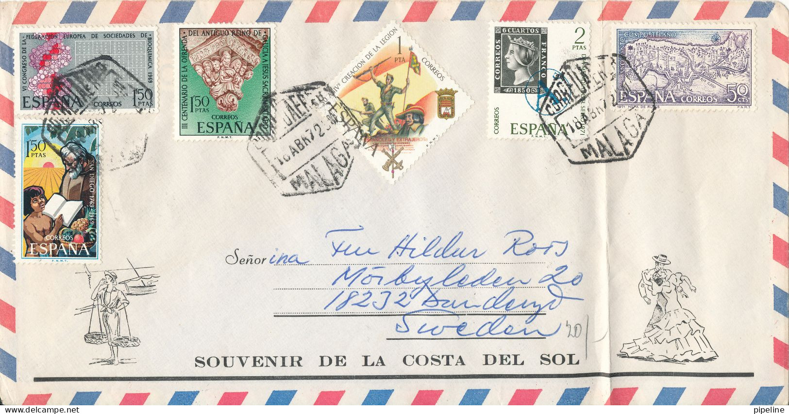 Spain Air Mail Cover Sent To Sweden Malaga 18-4-1972 With A Lot Of Stamps The Cover Is Folded In The Right Side - Lettres & Documents