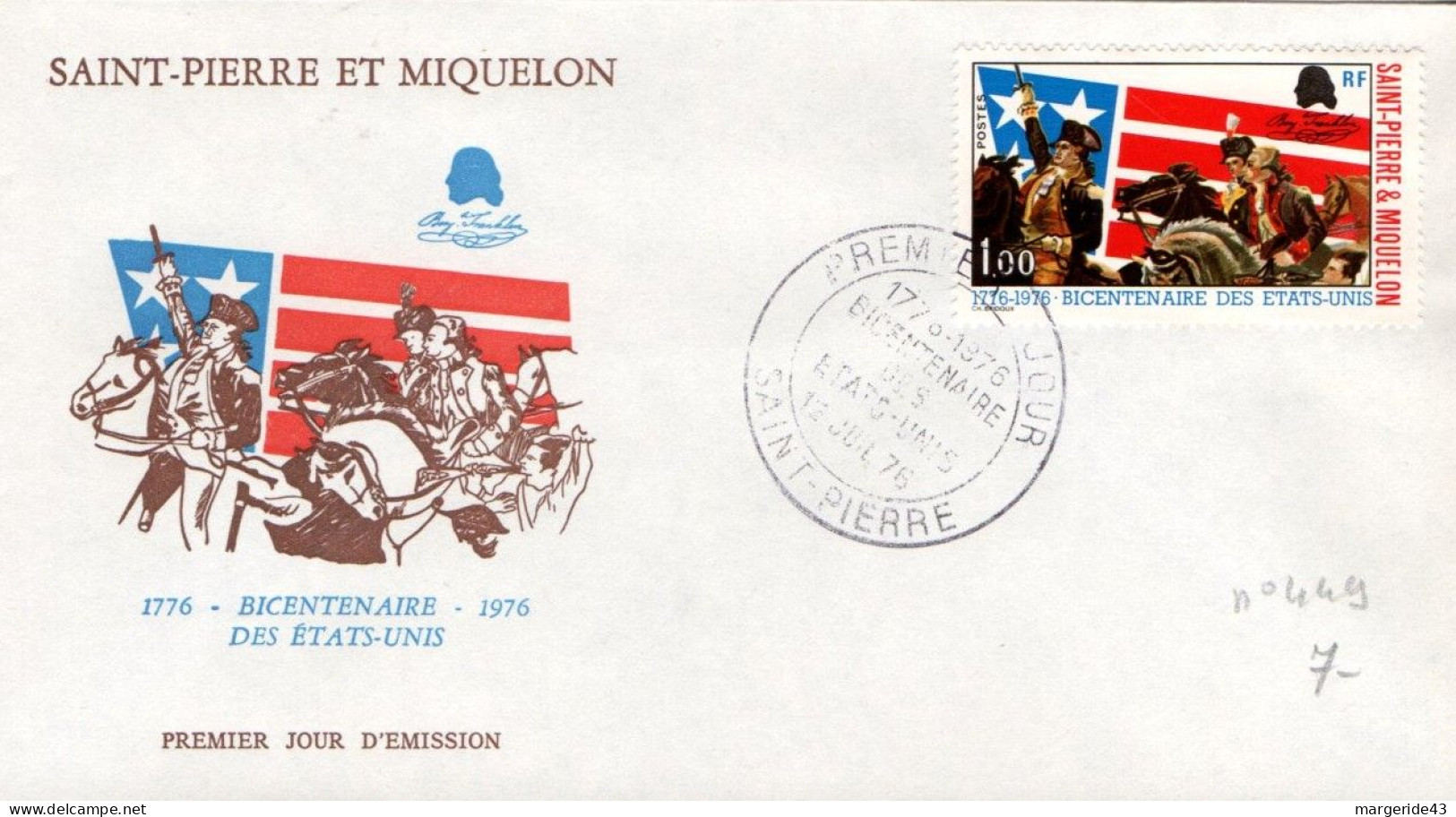 SAINT PIERRE ET MIQUELON FDC 1976 BICENTENAIRE U S A - FDC