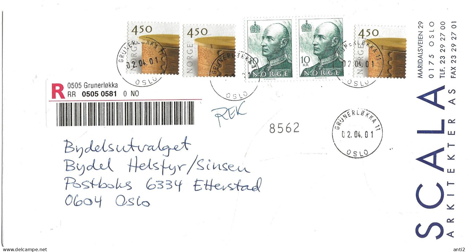 Norway  2001  Registered Letter    With Five Stamps, Cover From Scala    - Cancelled Grünerløkka .2.4.01   Mi 1369 X 3 - Cartas & Documentos