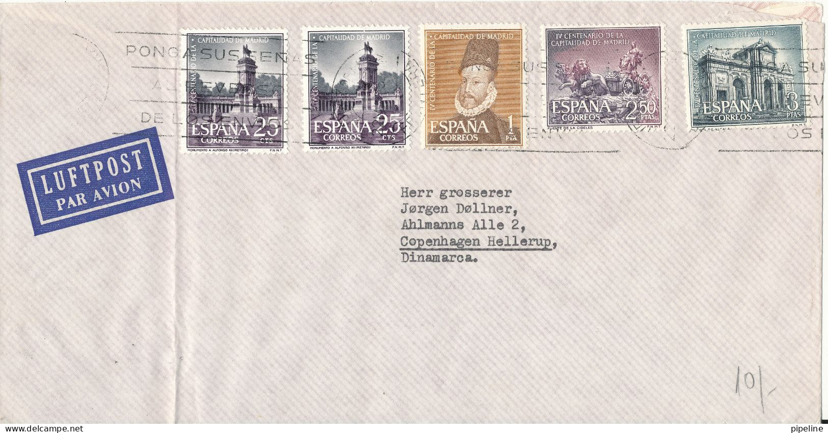 Spain Air Mail Cover Sent To Denmark   With A Lot Of Stamps   The Cover Is Folded In The Left Side - Lettres & Documents