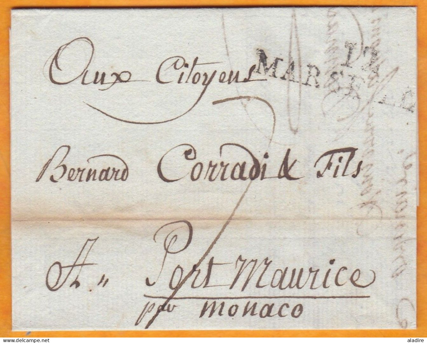 1794 - An 2 - Marque Postale 12 MARSEILLE Sur Lettre Pliée Avec Corresp Vers PORT MAURICE Porto Maurizio Par MONACO - 1701-1800: Précurseurs XVIII