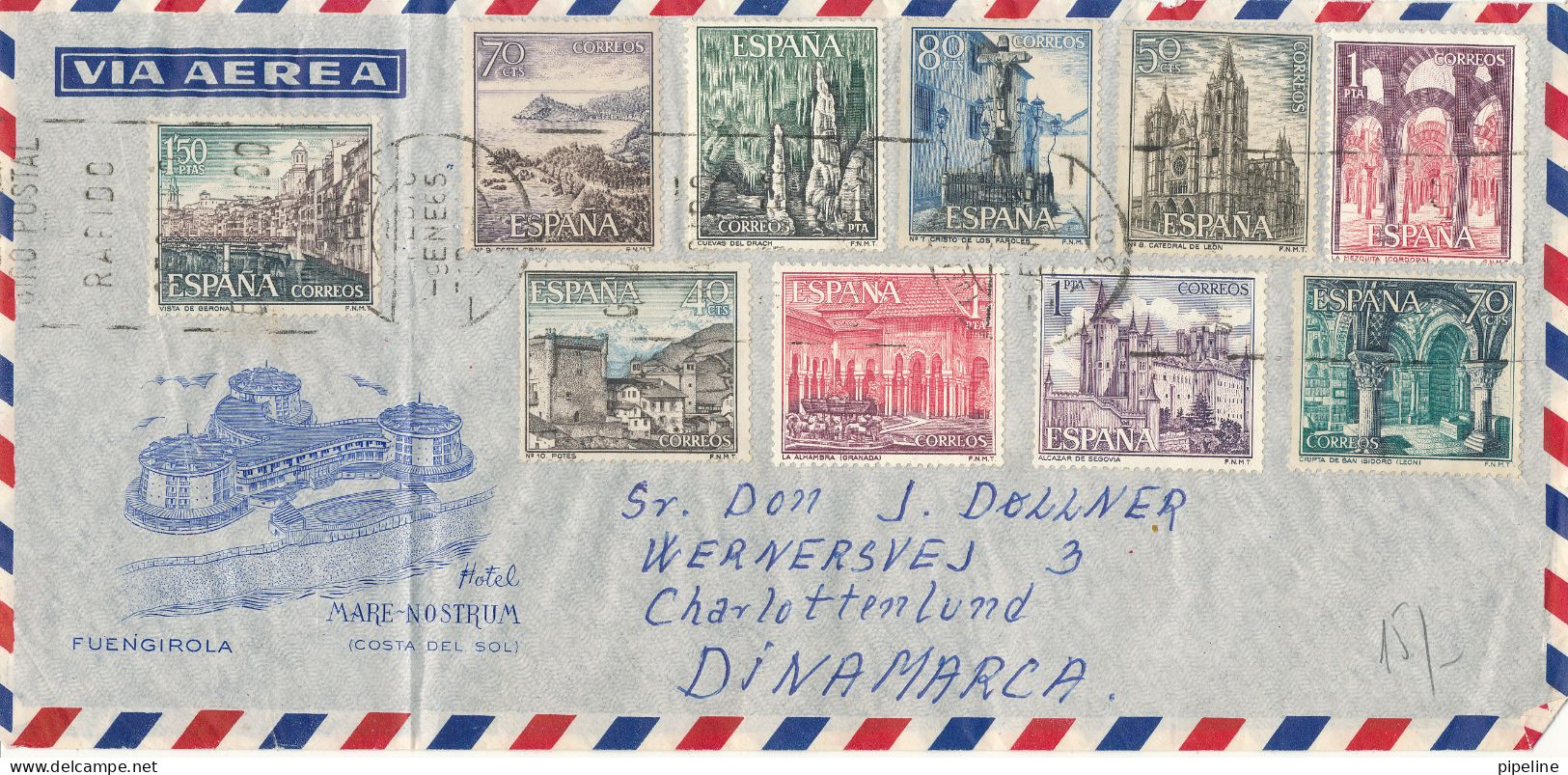 Spain Air Mail Cover Sent To Denmark 9-1-1965  With A Lot Of Stamps   The Cover Is Folded In The Left Side - Covers & Documents