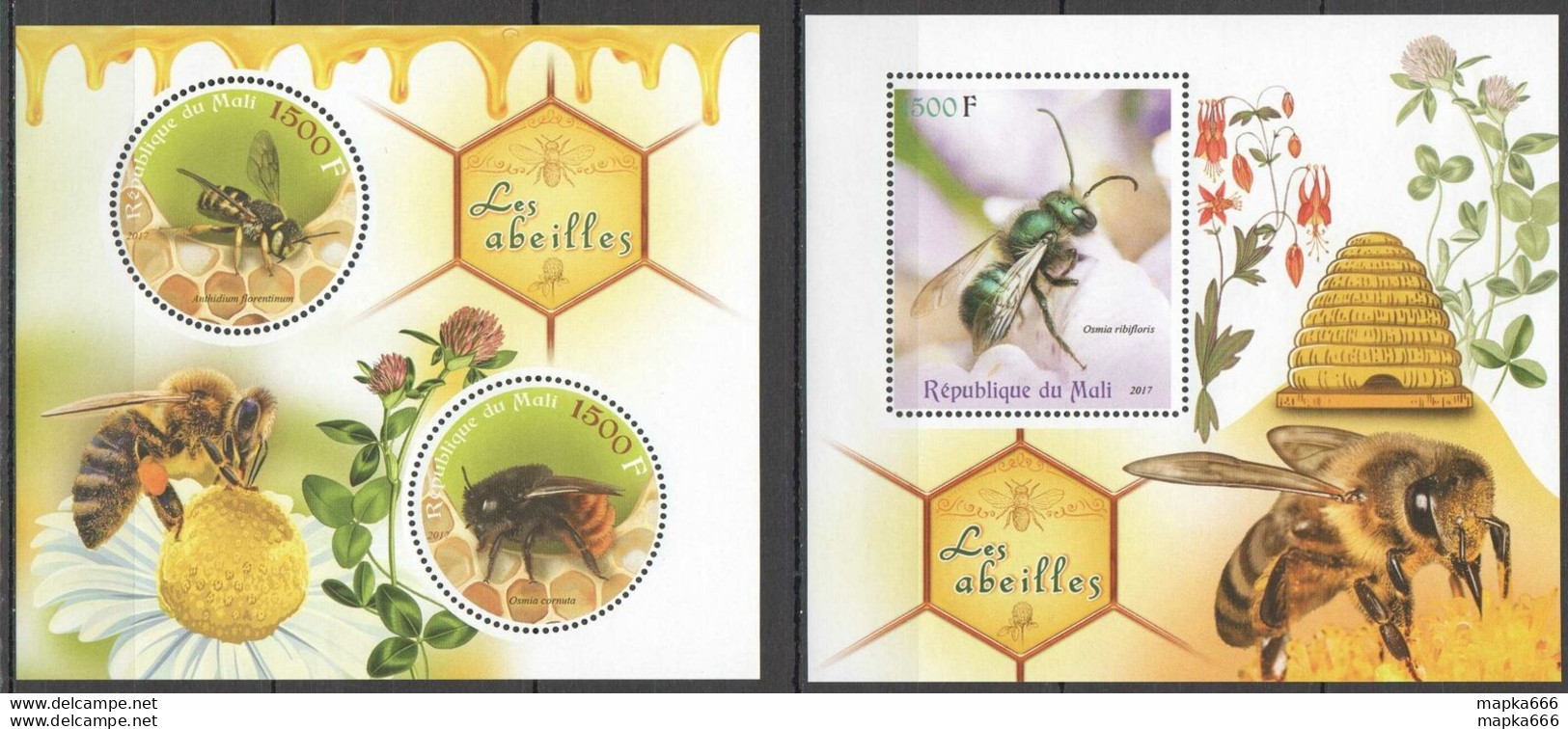 J173 2017 Honey Bees Insects Flowers Fauna 1Kb+1Bl Mnh - Honeybees