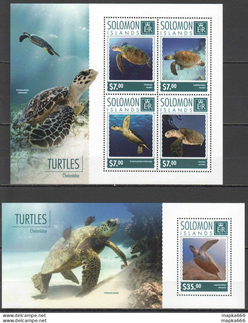 Ls213 2014 Solomon Islands Turtles Reptiles Marine Life #2822-26 1Kb+1Bl Mnh - Marine Life
