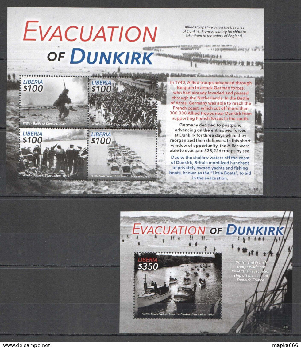 B0140 2015 Liberia World War Ii Wwii Evacuation Of Dunkirk 1Bl+1Kb Mnh - Militaria