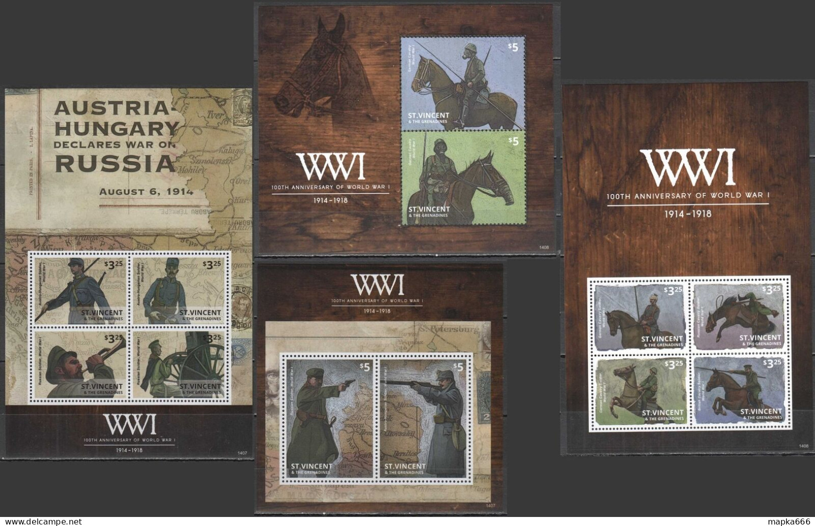 B0141 2014 St. Vincent World War I 100Th Anniversary Wwi 2Kb+2Bl Mnh - Militaria